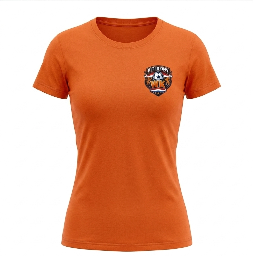 Oranje T-shirt Dames Dit Is Ons WK Borstlogo